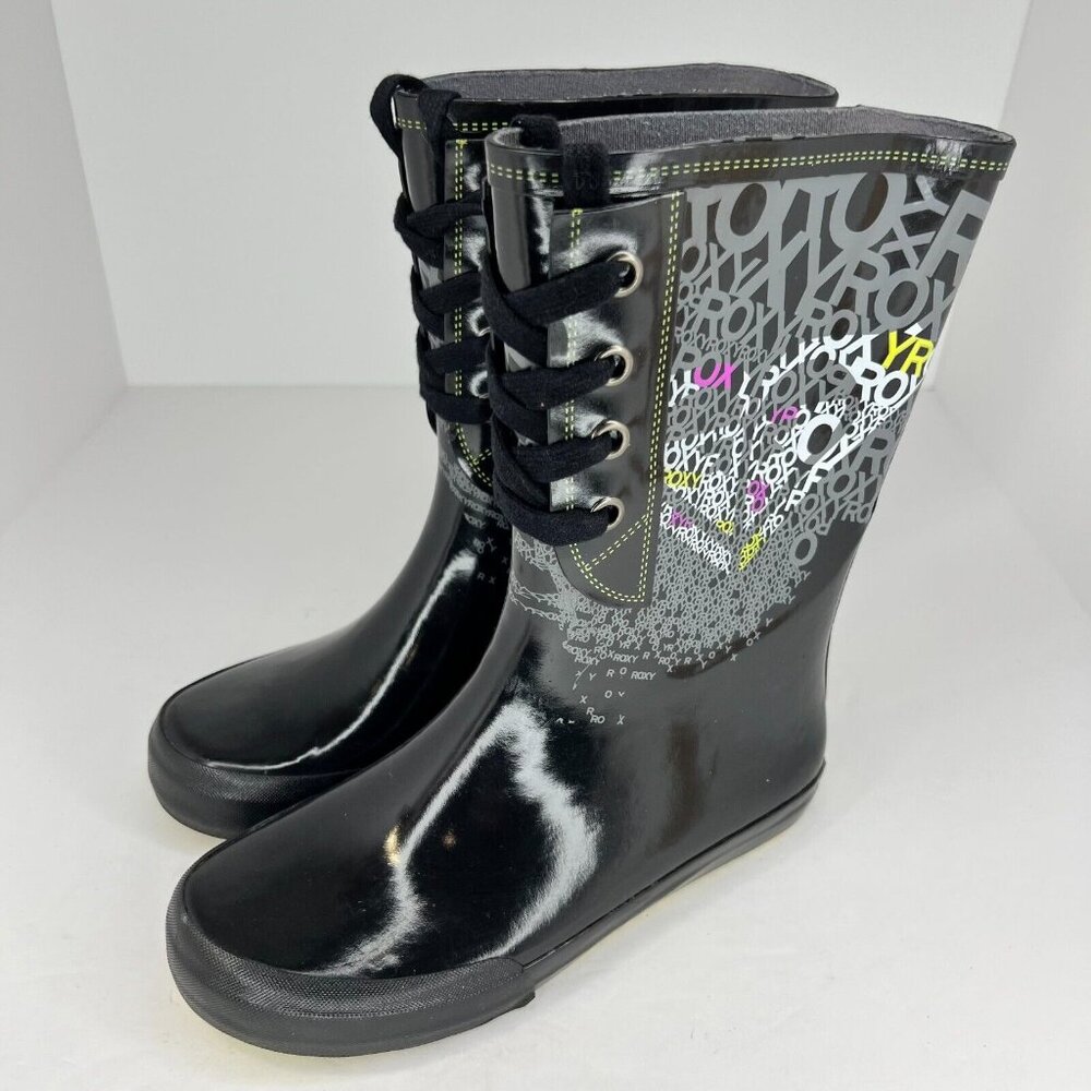 Roxy Womens Drizzle Black Lace Up Rubber  Mid Calf Slip On Size 7 Rain Boots